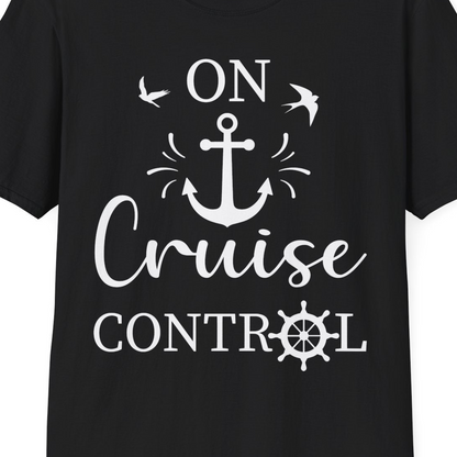 On Cruise Control Nautical Anchor and Birds Vacation Shirt Design — T-Shirt T-Shirt – Black – Best Cruise Shirts Close Up