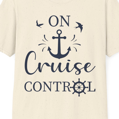 On Cruise Control Nautical Anchor and Birds Vacation Shirt Design — T-Shirt T-Shirt – Natural – Best Cruise Shirts Close Up