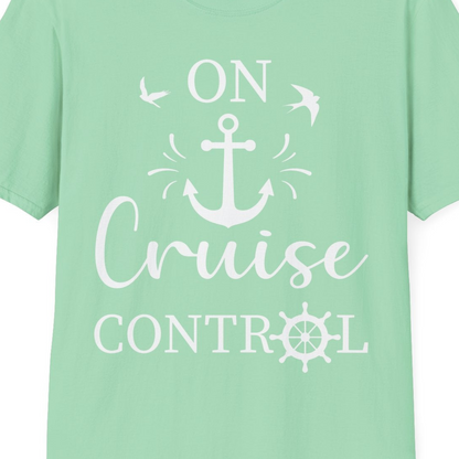 On Cruise Control Nautical Anchor and Birds Vacation Shirt Design — T-Shirt T-Shirt – Mint Green – Best Cruise Shirts Close Up