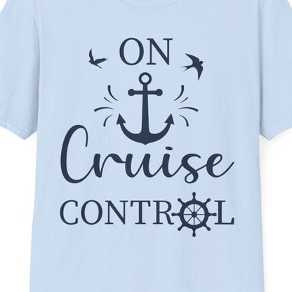 On Cruise Control Nautical Anchor and Birds Vacation Shirt Design — T-Shirt T-Shirt – Light Blue – Best Cruise Shirts Close Up