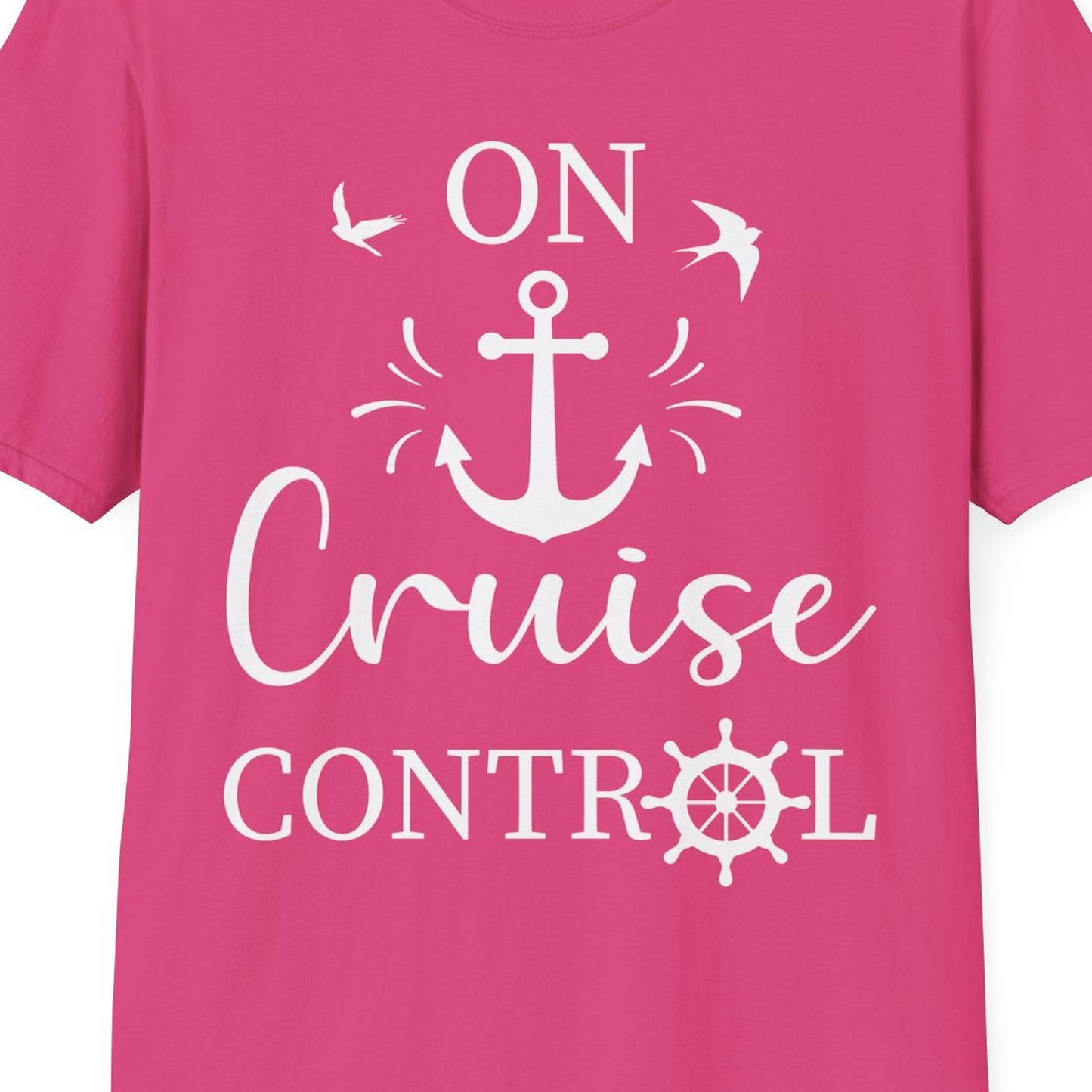 On Cruise Control Nautical Anchor and Birds Vacation Shirt Design — T-Shirt T-Shirt – Heliconia – Best Cruise Shirts Close Up