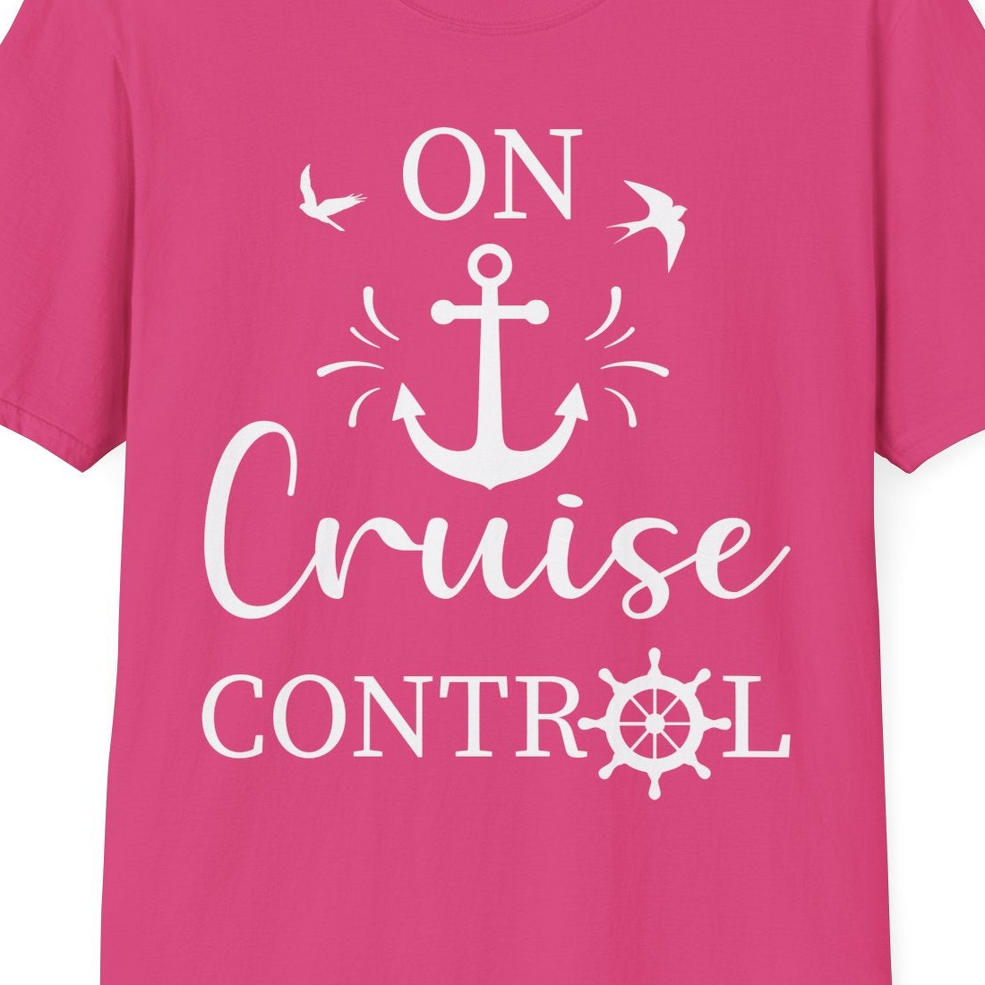 On Cruise Control Nautical Anchor and Birds Vacation Shirt Design — T-Shirt T-Shirt – Heliconia – Best Cruise Shirts Close Up