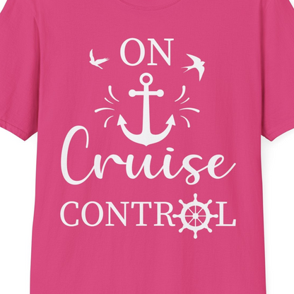 On Cruise Control Nautical Anchor and Birds Vacation Shirt Design — T-Shirt T-Shirt – Heliconia – Best Cruise Shirts Close Up