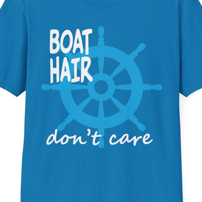 Boat Hair Don't Care Nautical Wheel Shirt for Lake and Marina — T-Shirt T-Shirt – Sapphire – Best Cruise Shirts Close Up