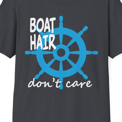 Boat Hair Don't Care Nautical Wheel Shirt for Lake and Marina — T-Shirt T-Shirt – Dark Heather Grey – Best Cruise Shirts Close Up