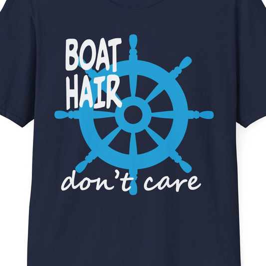 Boat Hair Don't Care Nautical Wheel Shirt for Lake and Marina — T-Shirt T-Shirt – Navy – Best Cruise Shirts Close Up