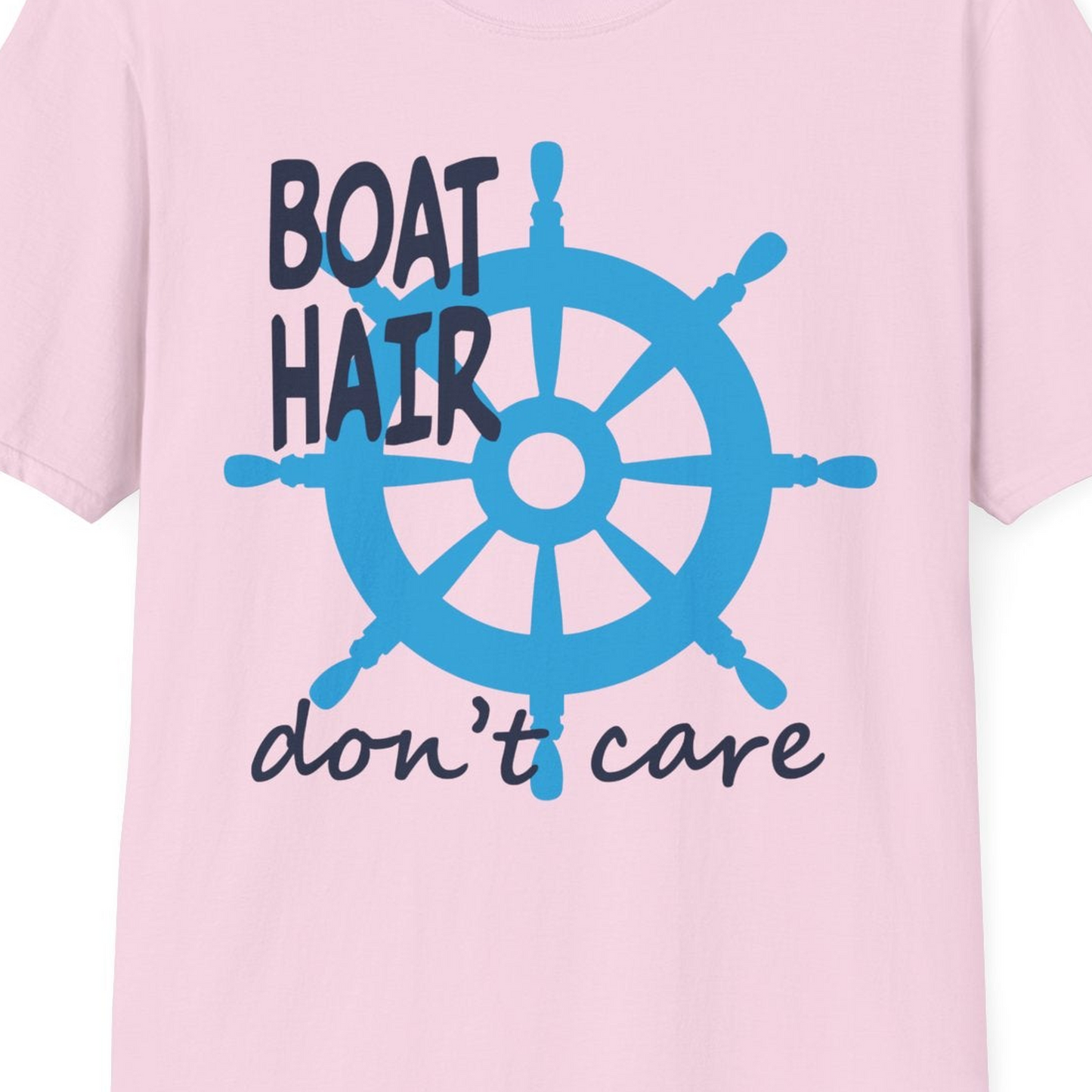 Boat Hair Don't Care Nautical Wheel Shirt for Lake and Marina — T-Shirt T-Shirt – Light Pink – Best Cruise Shirts Close Up