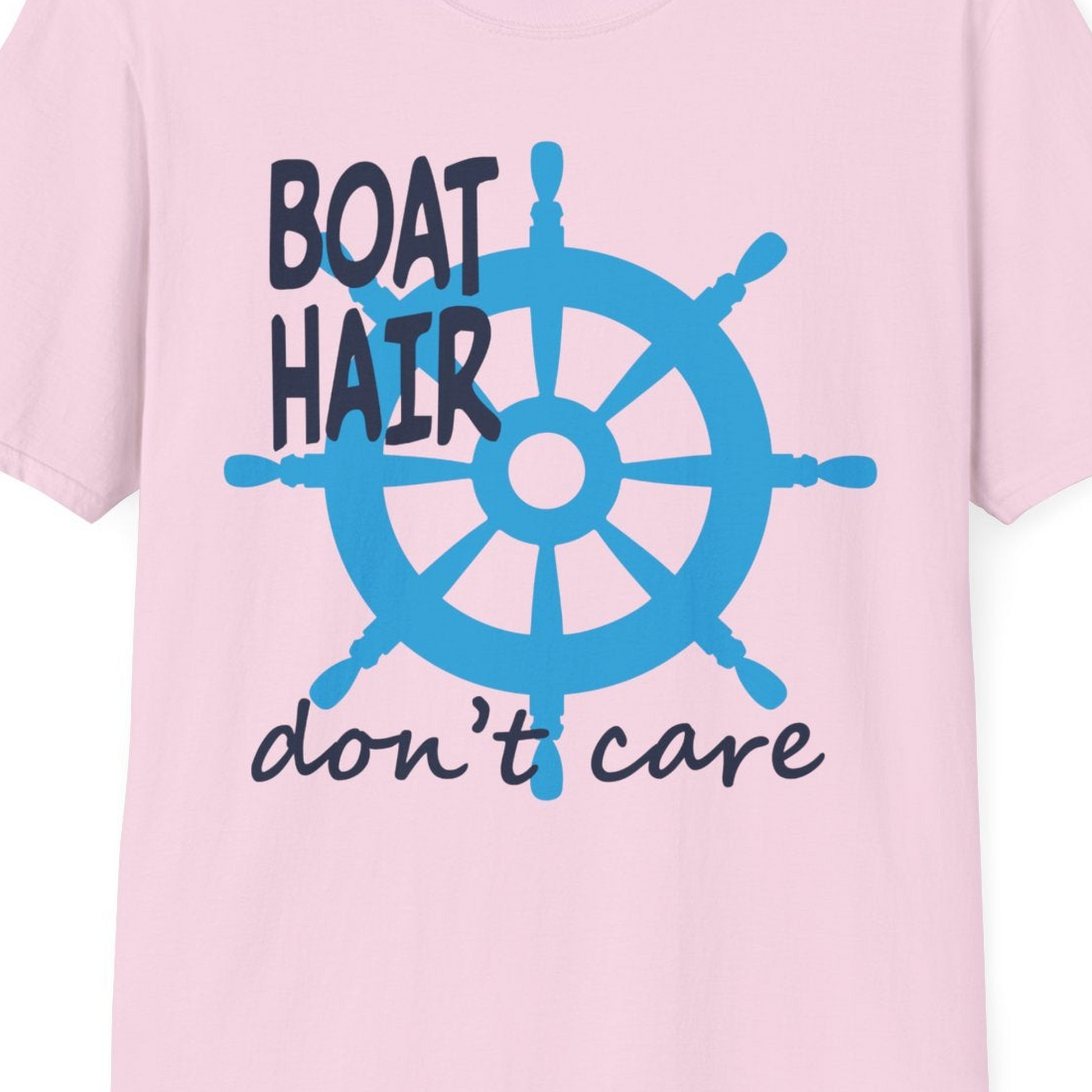 Boat Hair Don't Care Nautical Wheel Shirt for Lake and Marina — T-Shirt T-Shirt – Light Pink – Best Cruise Shirts Close Up