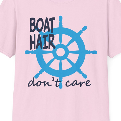 Boat Hair Don't Care Nautical Wheel Shirt for Lake and Marina — T-Shirt T-Shirt – Light Pink – Best Cruise Shirts Close Up