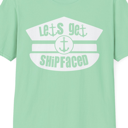 Let’s Get Shipfaced Nautical Humor Shirt With Anchor Sailor Hat Design — T-Shirt T-Shirt – Mint Green – Best Cruise Shirts Close Up