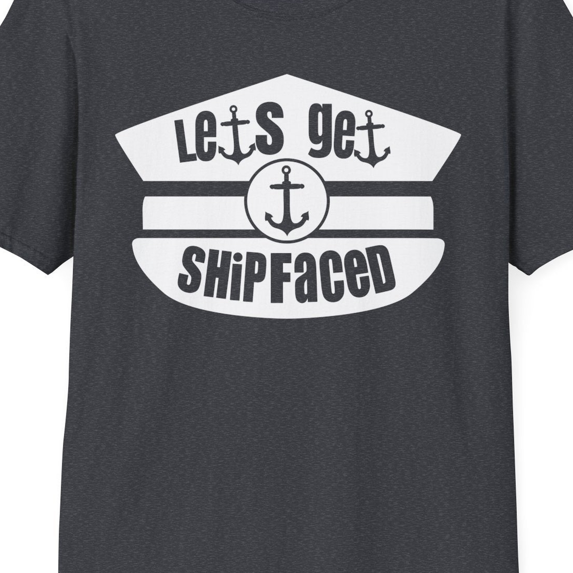 Let’s Get Shipfaced Nautical Humor Shirt With Anchor Sailor Hat Design — T-Shirt T-Shirt – Dark Heather Grey – Best Cruise Shirts Close Up