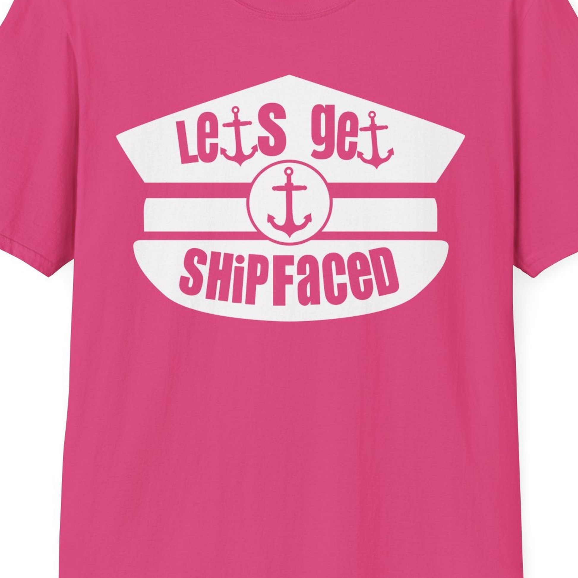 Let’s Get Shipfaced Nautical Humor Shirt With Anchor Sailor Hat Design — T-Shirt T-Shirt – Heliconia – Best Cruise Shirts Close Up