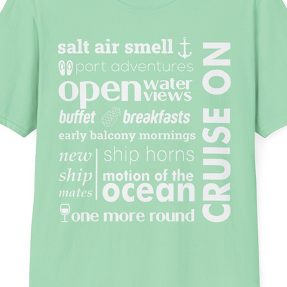 Cruise On Typography Collage Bold Nautical Ship Life Shirt — T-Shirt T-Shirt – Mint Green – Best Cruise Shirts Close Up