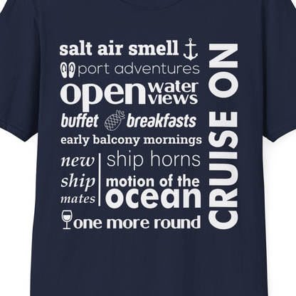 Cruise On Typography Collage Bold Nautical Ship Life Shirt — T-Shirt T-Shirt – Navy – Best Cruise Shirts Close Up