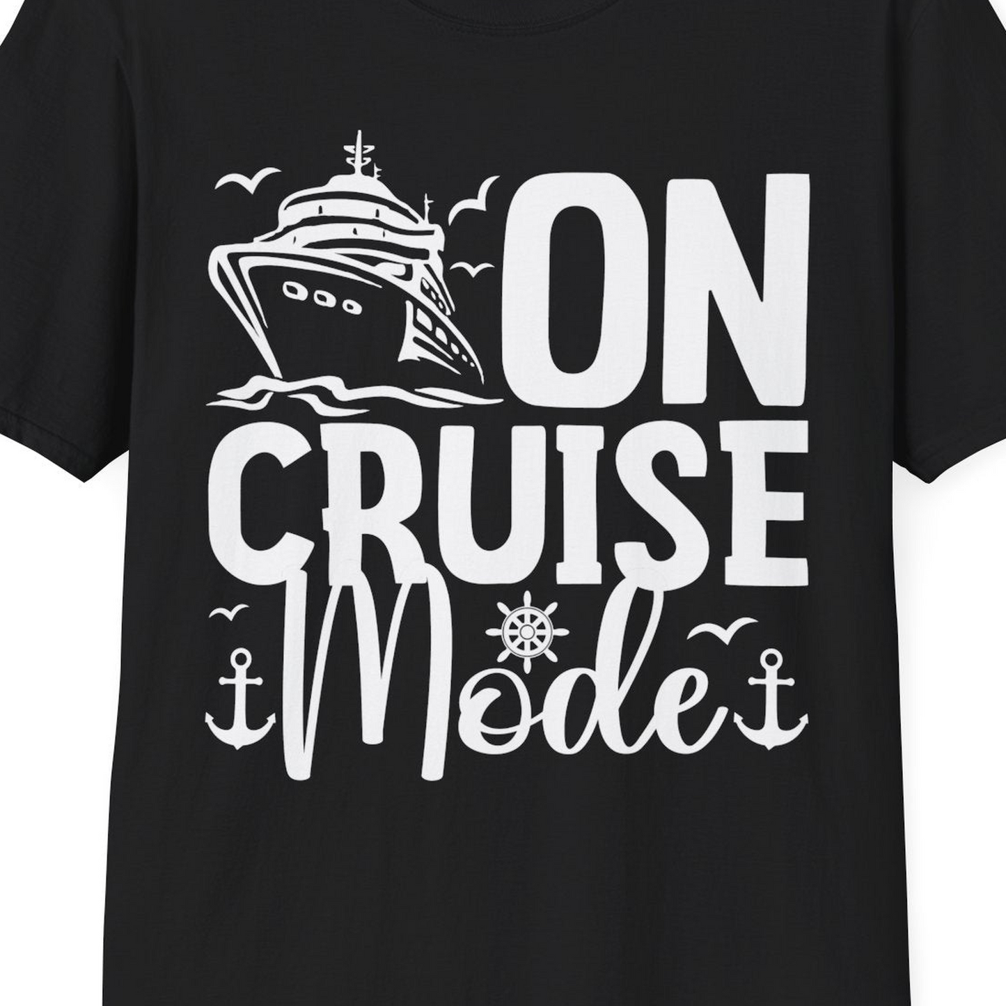 On Cruise Mode Nautical Typography Shirt with Ship Anchor Helm Icons — T-Shirt T-Shirt – Black – Best Cruise Shirts Close Up