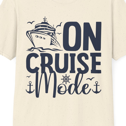 On Cruise Mode Nautical Typography Shirt with Ship Anchor Helm Icons — T-Shirt T-Shirt – Natural – Best Cruise Shirts Close Up