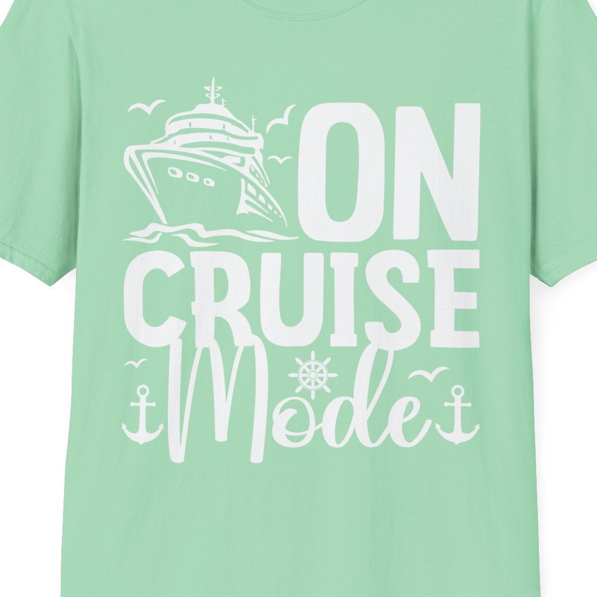 On Cruise Mode Nautical Typography Shirt with Ship Anchor Helm Icons — T-Shirt T-Shirt – Mint Green – Best Cruise Shirts Close Up