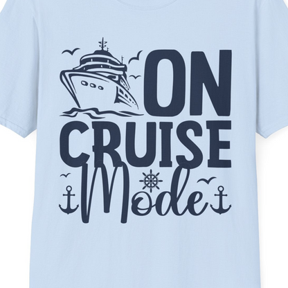 On Cruise Mode Nautical Typography Shirt with Ship Anchor Helm Icons — T-Shirt T-Shirt – Light Blue – Best Cruise Shirts Close Up
