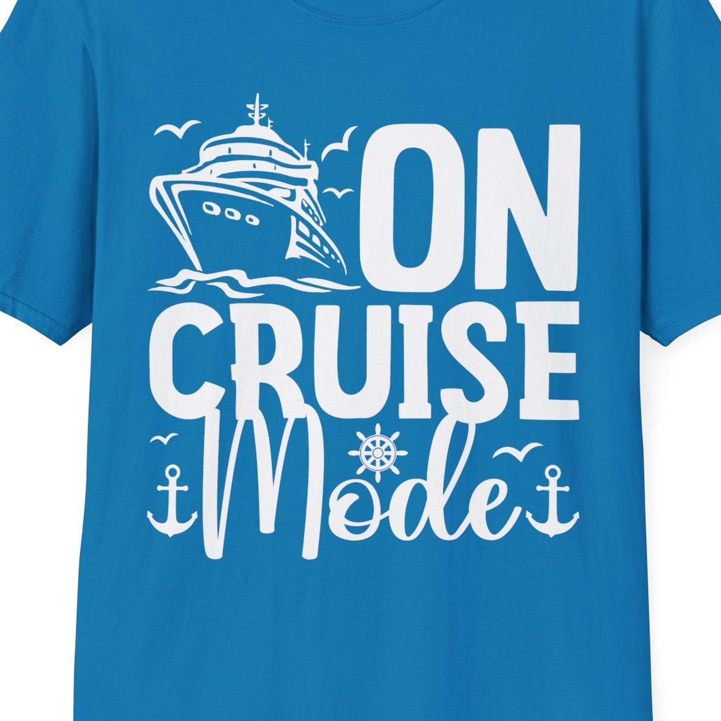On Cruise Mode Nautical Typography Shirt with Ship Anchor Helm Icons — T-Shirt T-Shirt – Sapphire – Best Cruise Shirts Close Up