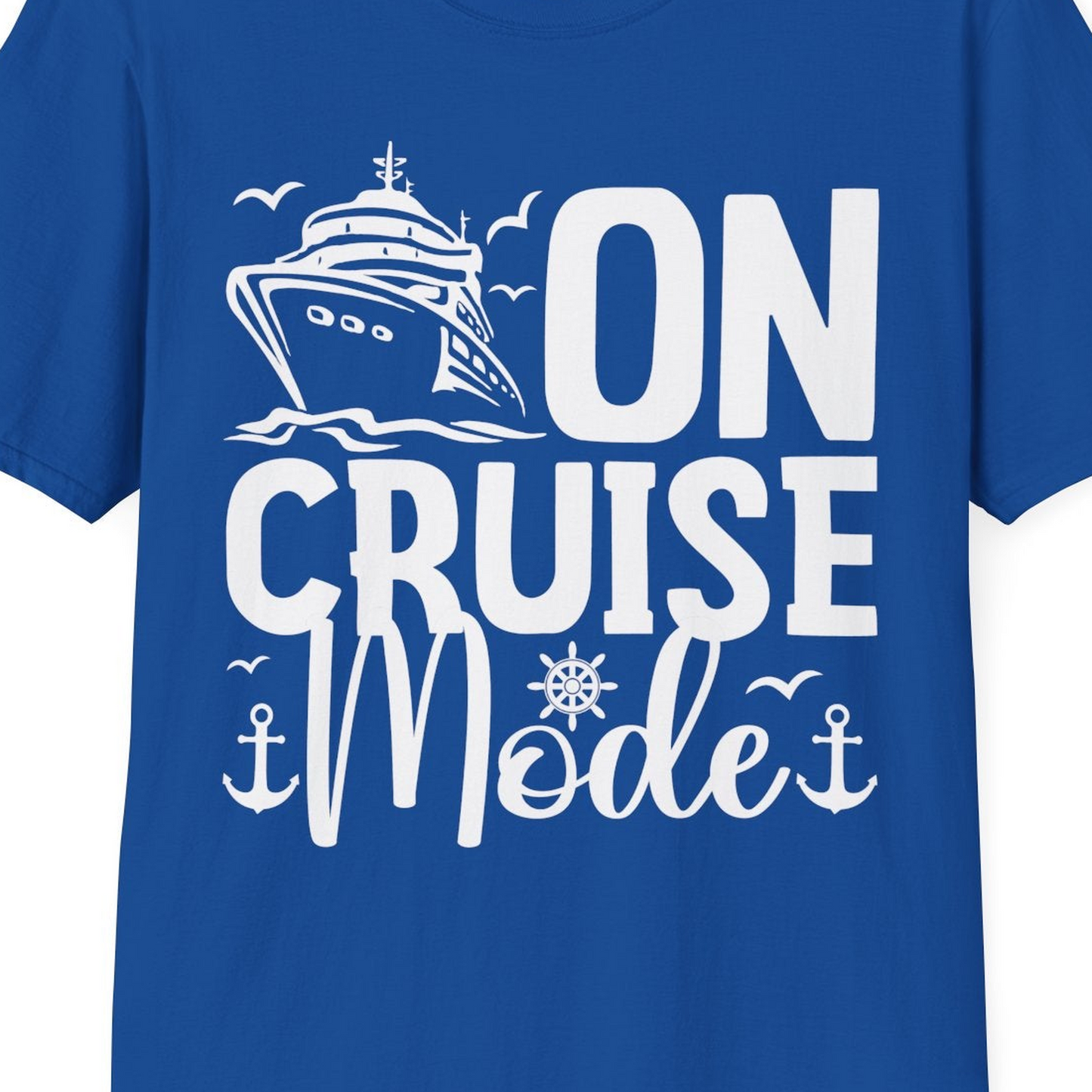 On Cruise Mode Nautical Typography Shirt with Ship Anchor Helm Icons — T-Shirt T-Shirt – Royal – Best Cruise Shirts Close Up