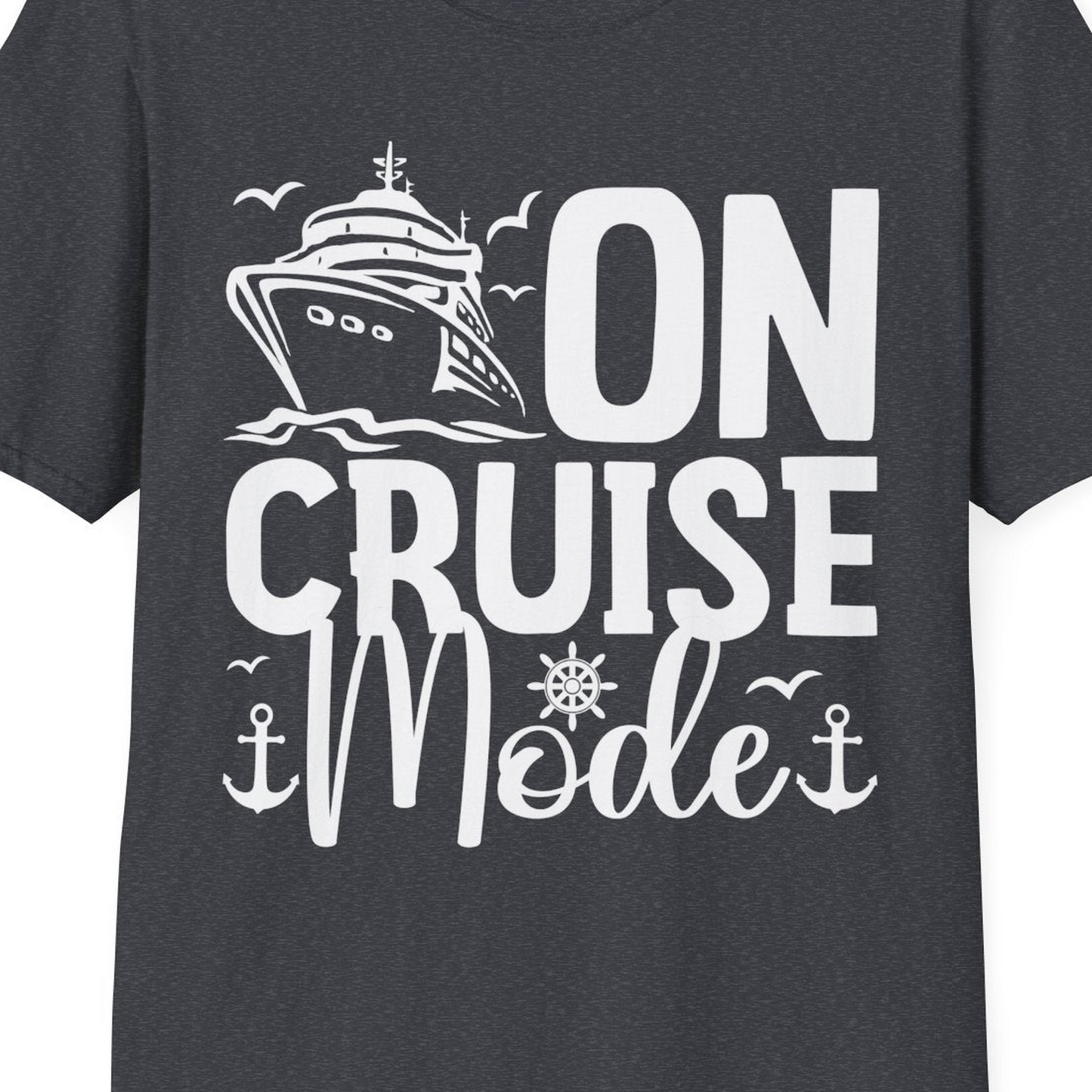 On Cruise Mode Nautical Typography Shirt with Ship Anchor Helm Icons — T-Shirt T-Shirt – Dark Heather Grey – Best Cruise Shirts Close Up