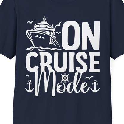 On Cruise Mode Nautical Typography Shirt with Ship Anchor Helm Icons — T-Shirt T-Shirt – Navy – Best Cruise Shirts Close Up