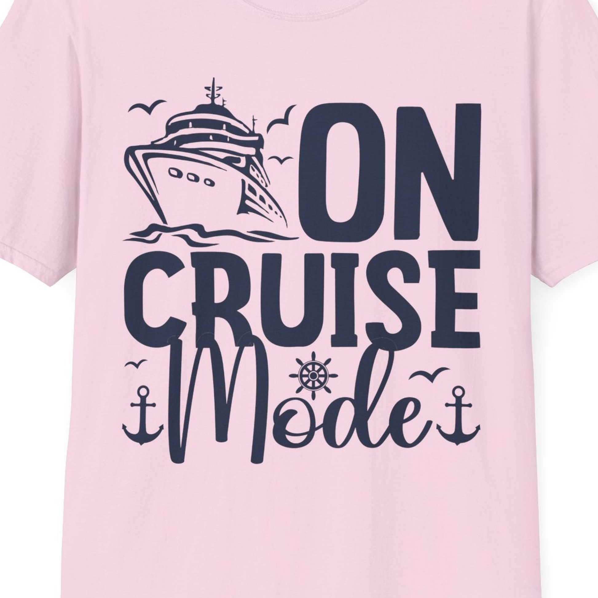 On Cruise Mode Nautical Typography Shirt with Ship Anchor Helm Icons — T-Shirt T-Shirt – Light Pink – Best Cruise Shirts Close Up