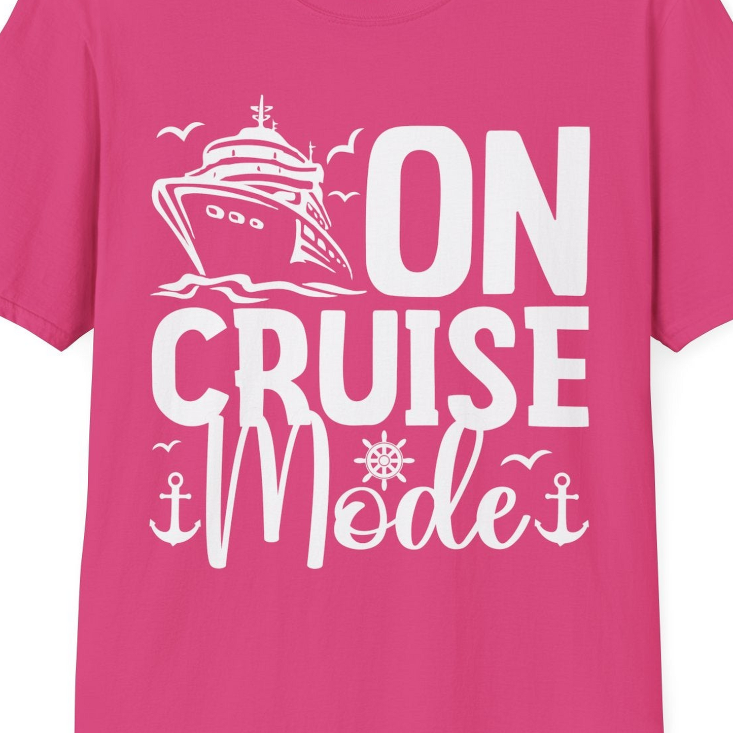 On Cruise Mode Nautical Typography Shirt with Ship Anchor Helm Icons — T-Shirt T-Shirt – Heliconia – Best Cruise Shirts Close Up