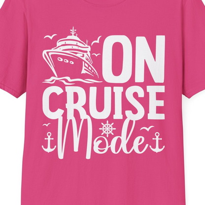 On Cruise Mode Nautical Typography Shirt with Ship Anchor Helm Icons — T-Shirt T-Shirt – Heliconia – Best Cruise Shirts Close Up