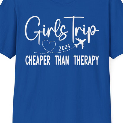 Girls Trip 2024 Cheaper Than Therapy Airplane Heart Travel Shirt — T-Shirt T-Shirt – Royal – Best Cruise Shirts Close Up