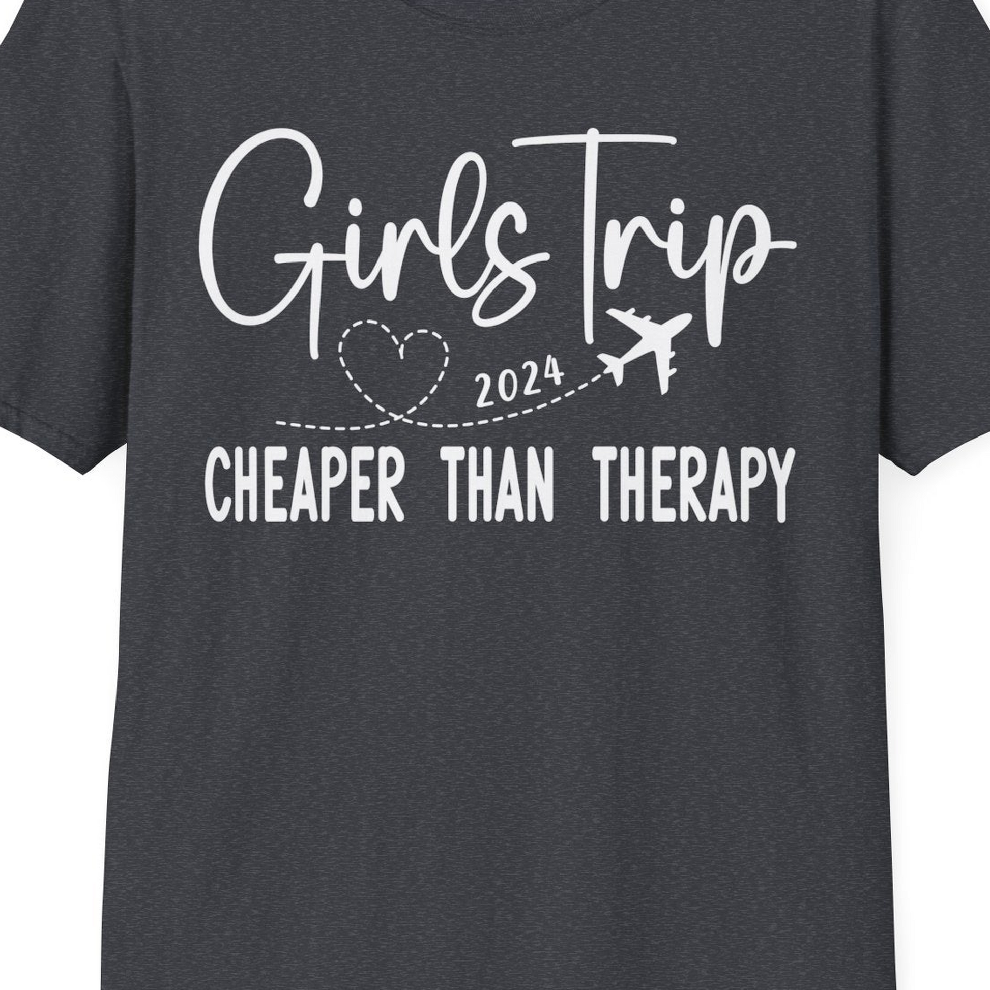Girls Trip 2024 Cheaper Than Therapy Airplane Heart Travel Shirt — T-Shirt T-Shirt – Dark Heather Grey – Best Cruise Shirts Close Up