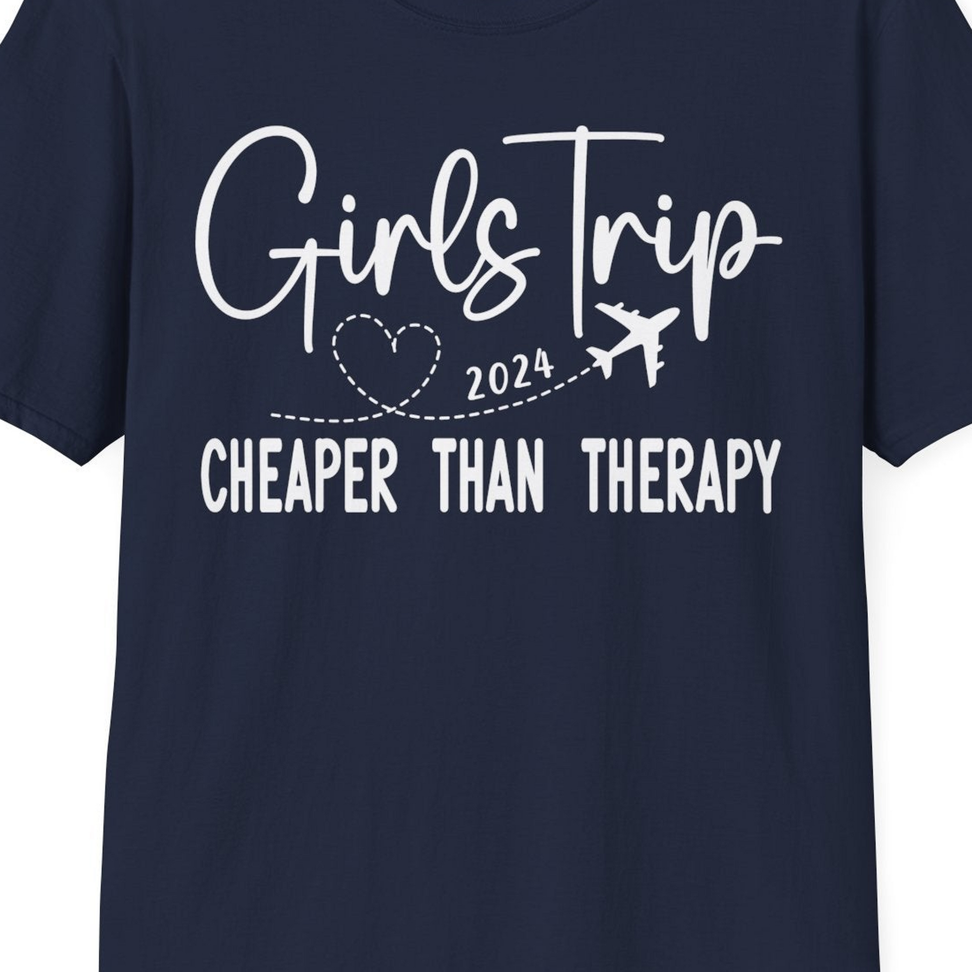 Girls Trip 2024 Cheaper Than Therapy Airplane Heart Travel Shirt — T-Shirt T-Shirt – Navy – Best Cruise Shirts Close Up