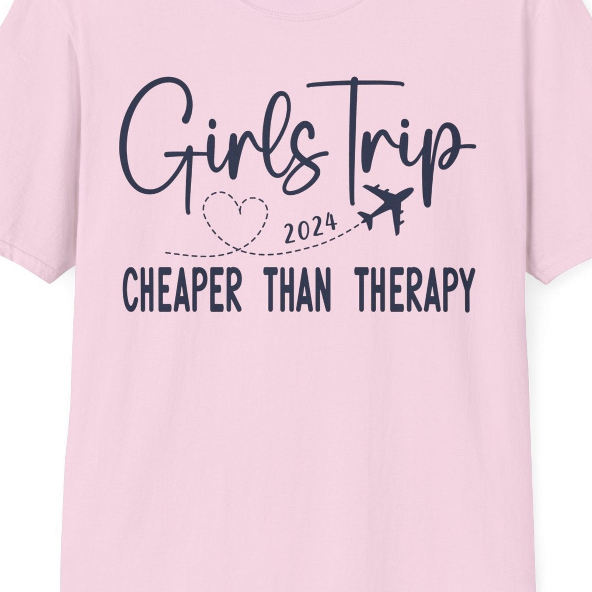 Girls Trip 2024 Cheaper Than Therapy Airplane Heart Travel Shirt — T-Shirt T-Shirt – Light Pink – Best Cruise Shirts Close Up