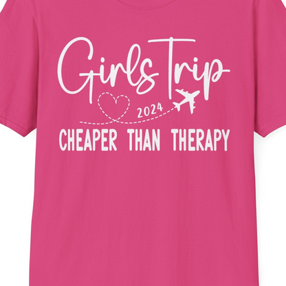 Girls Trip 2024 Cheaper Than Therapy Airplane Heart Travel Shirt — T-Shirt T-Shirt – Heliconia – Best Cruise Shirts Close Up
