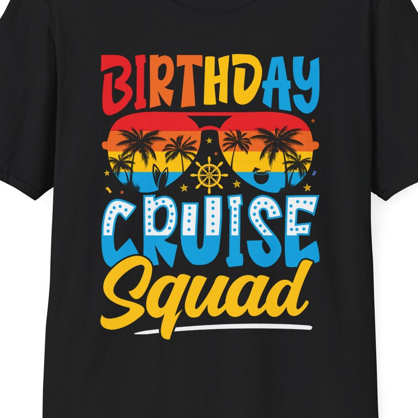 Birthday Cruise Squad Tropical Sunset Palm Tree Group Shirt — T-Shirt T-Shirt – Black – Best Cruise Shirts Close Up
