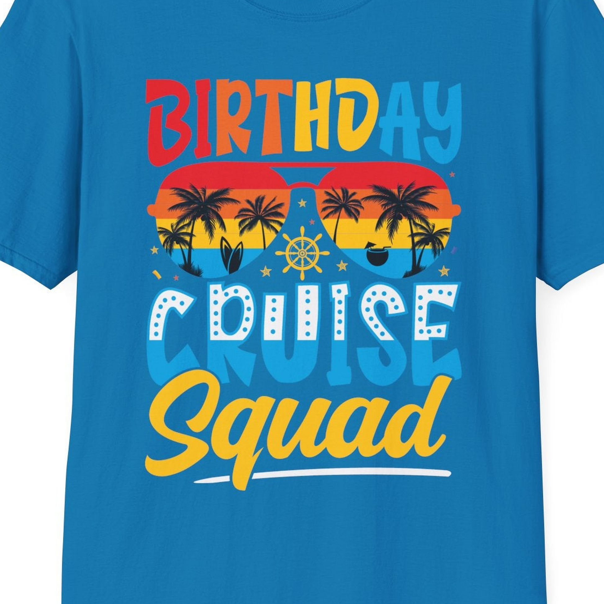 Birthday Cruise Squad Tropical Sunset Palm Tree Group Shirt — T-Shirt T-Shirt – Sapphire – Best Cruise Shirts Close Up
