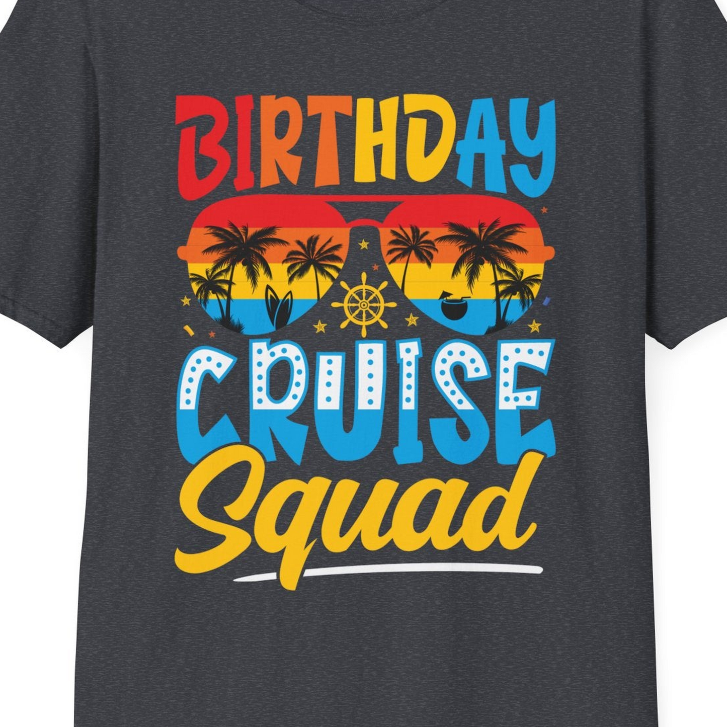 Birthday Cruise Squad Tropical Sunset Palm Tree Group Shirt — T-Shirt T-Shirt – Dark Heather Grey – Best Cruise Shirts Close Up