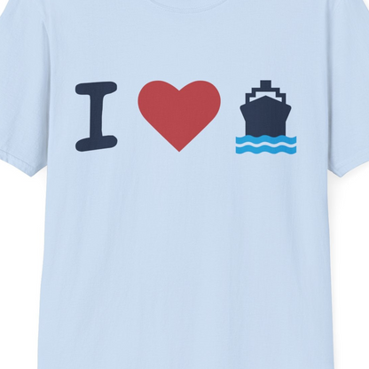 I Love Cruises Bold Cruise Ship Graphic Shirt for Cruise Enthusiasts — T-Shirt T-Shirt – Light Blue – Best Cruise Shirts Close Up