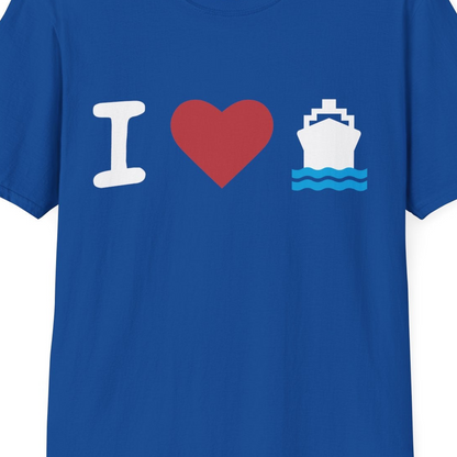 I Love Cruises Bold Cruise Ship Graphic Shirt for Cruise Enthusiasts — T-Shirt T-Shirt – Royal – Best Cruise Shirts Close Up