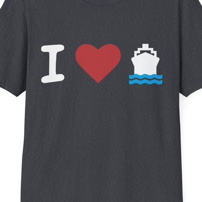 I Love Cruises Bold Cruise Ship Graphic Shirt for Cruise Enthusiasts — T-Shirt T-Shirt – Dark Heather Grey – Best Cruise Shirts Close Up