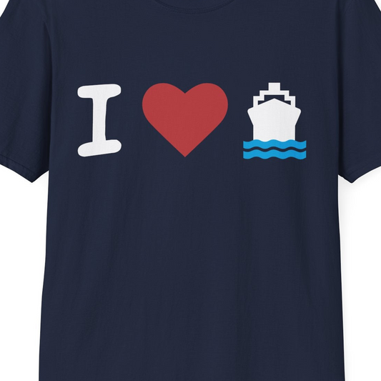 I Love Cruises Bold Cruise Ship Graphic Shirt for Cruise Enthusiasts — T-Shirt T-Shirt – Navy – Best Cruise Shirts Close Up
