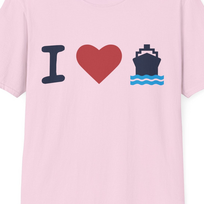 I Love Cruises Bold Cruise Ship Graphic Shirt for Cruise Enthusiasts — T-Shirt T-Shirt – Light Pink – Best Cruise Shirts Close Up