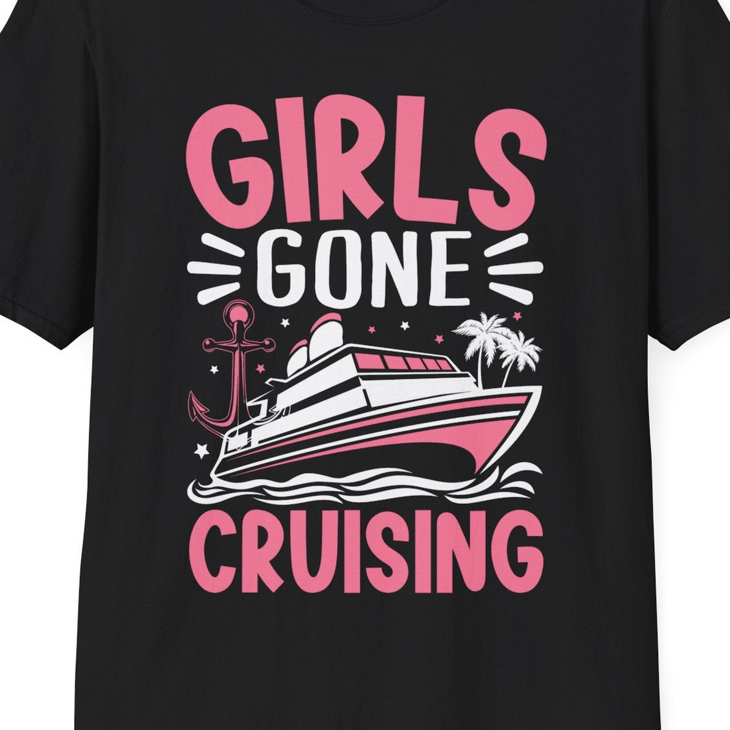 Girls Gone Cruising Tropical Pink Group Cruise Adventure Shirt — T-Shirt T-Shirt – Black – Best Cruise Shirts Close Up