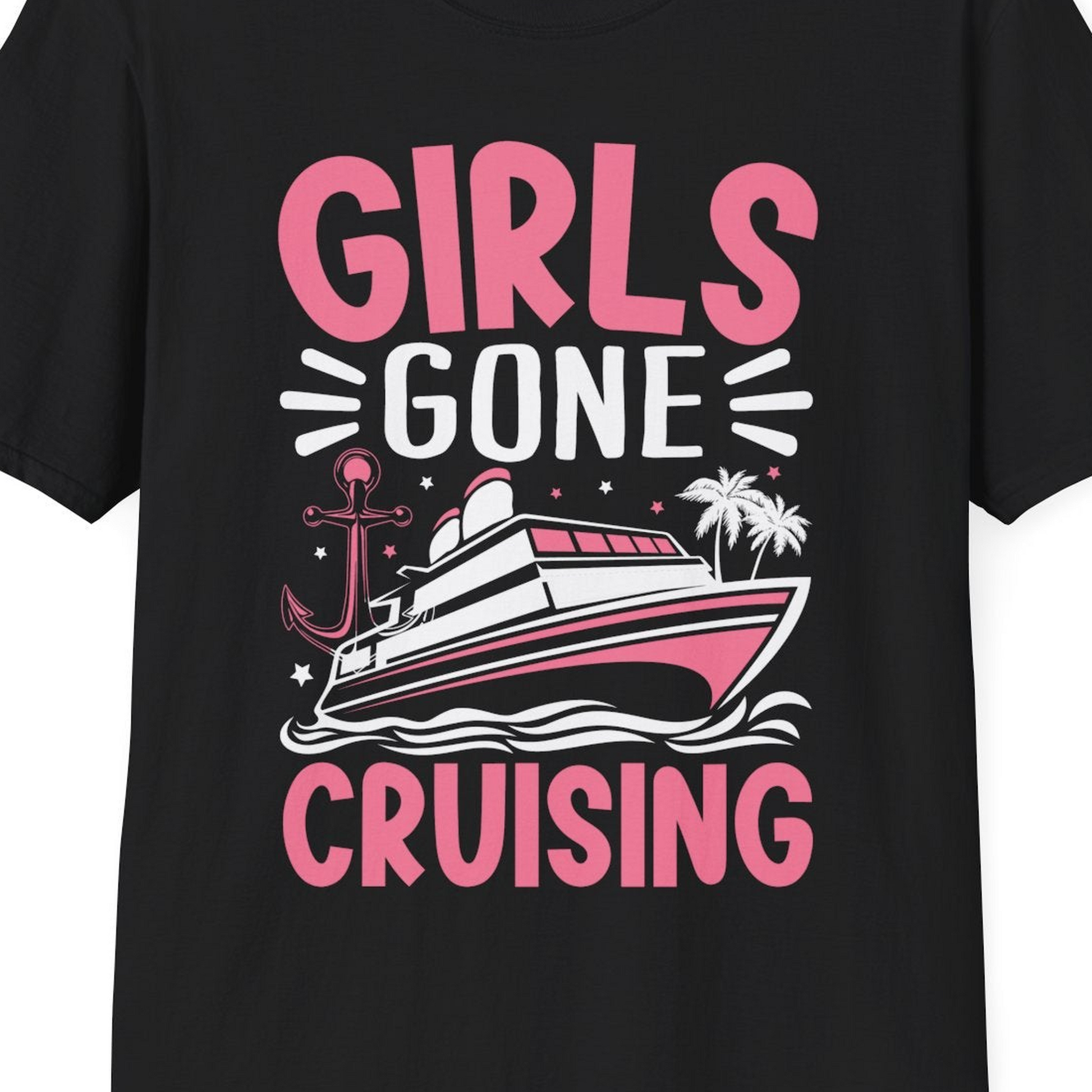 Girls Gone Cruising Tropical Pink Group Cruise Adventure Shirt — T-Shirt T-Shirt – Black – Best Cruise Shirts Close Up