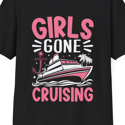 Girls Gone Cruising Tropical Pink Group Cruise Adventure Shirt — T-Shirt T-Shirt – Black – Best Cruise Shirts Close Up