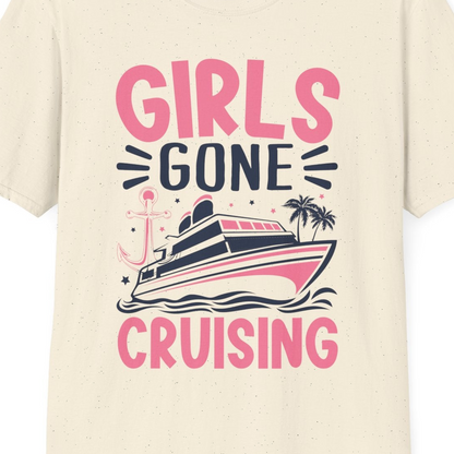 Girls Gone Cruising Tropical Pink Group Cruise Adventure Shirt — T-Shirt T-Shirt – Natural – Best Cruise Shirts Close Up