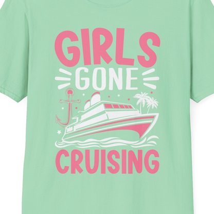 Girls Gone Cruising Tropical Pink Group Cruise Adventure Shirt — T-Shirt T-Shirt – Mint Green – Best Cruise Shirts Close Up