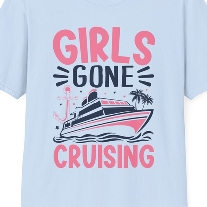 Girls Gone Cruising Tropical Pink Group Cruise Adventure Shirt — T-Shirt T-Shirt – Light Blue – Best Cruise Shirts Close Up