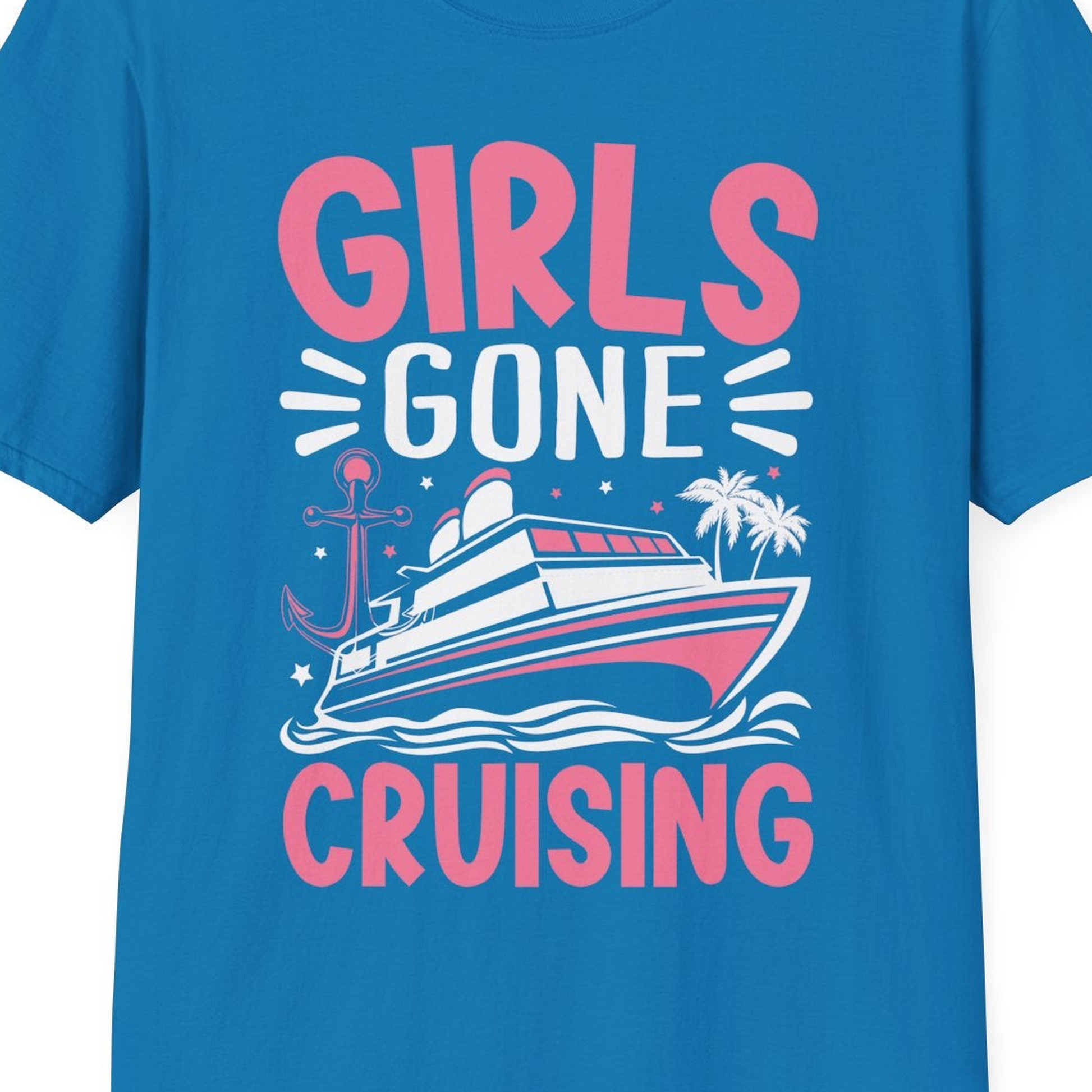 Girls Gone Cruising Tropical Pink Group Cruise Adventure Shirt — T-Shirt T-Shirt – Sapphire – Best Cruise Shirts Close Up
