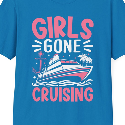 Girls Gone Cruising Tropical Pink Group Cruise Adventure Shirt — T-Shirt T-Shirt – Sapphire – Best Cruise Shirts Close Up